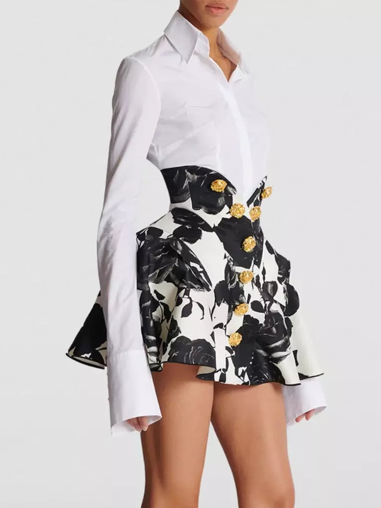Black and White Roses Short Tulip Skirt