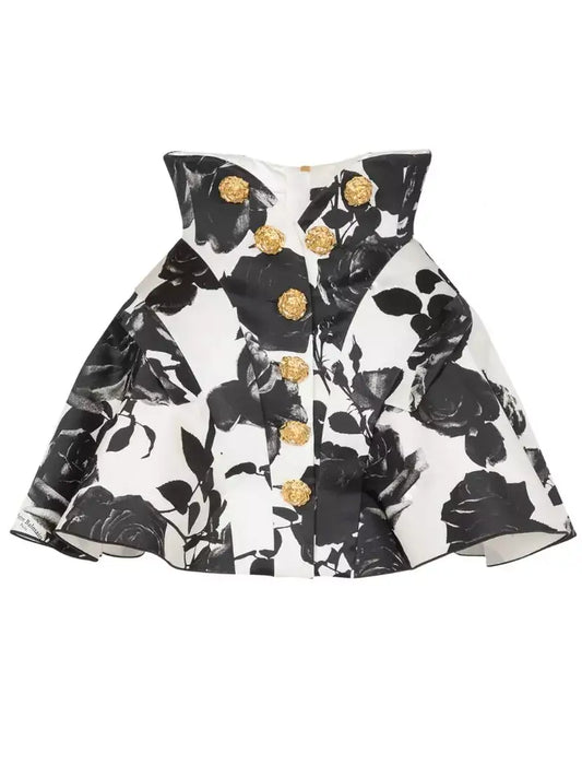 Black and White Roses Short Tulip Skirt - Skirts