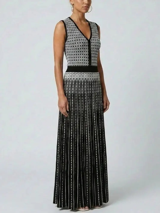 Black and White Striped Wool-Blend Midi Dress - Dresses