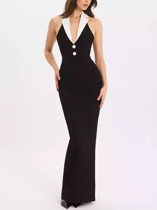 Black and White Sleeveless V-Neck Maxi Dress - Dresses
