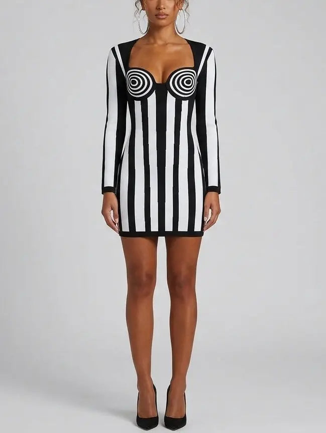 Damask Jacquard Mini Dress in Black and White - Dresses