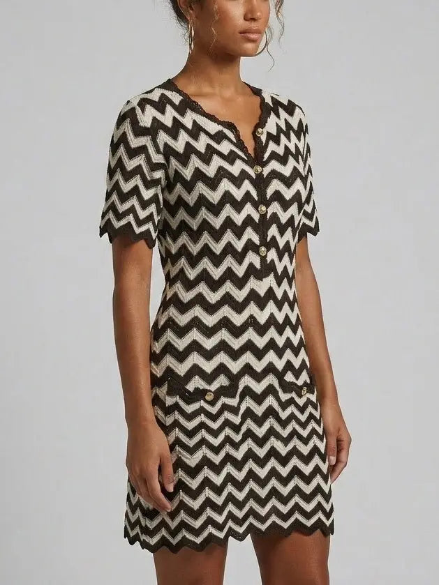 Black and White Zigzag Knit Mini Dress with Button Front - Dresses