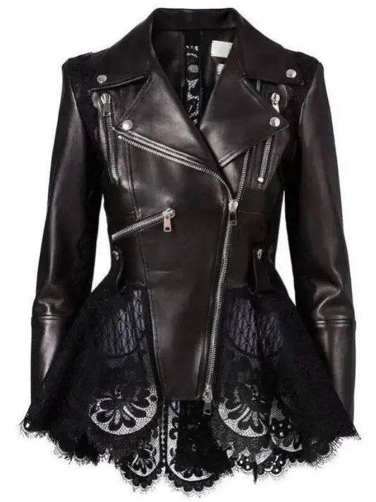 Black Lace Peplum Leather Biker Jacket - Jackets