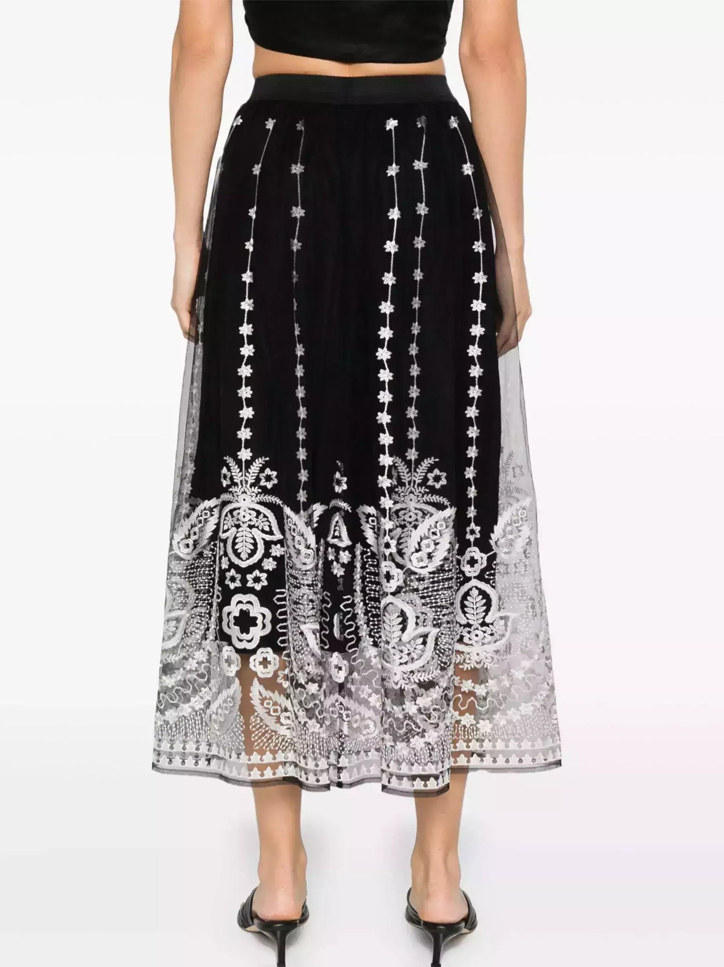 Black with White Embroidery Semi Sheer Overlay Skirt - Skirts