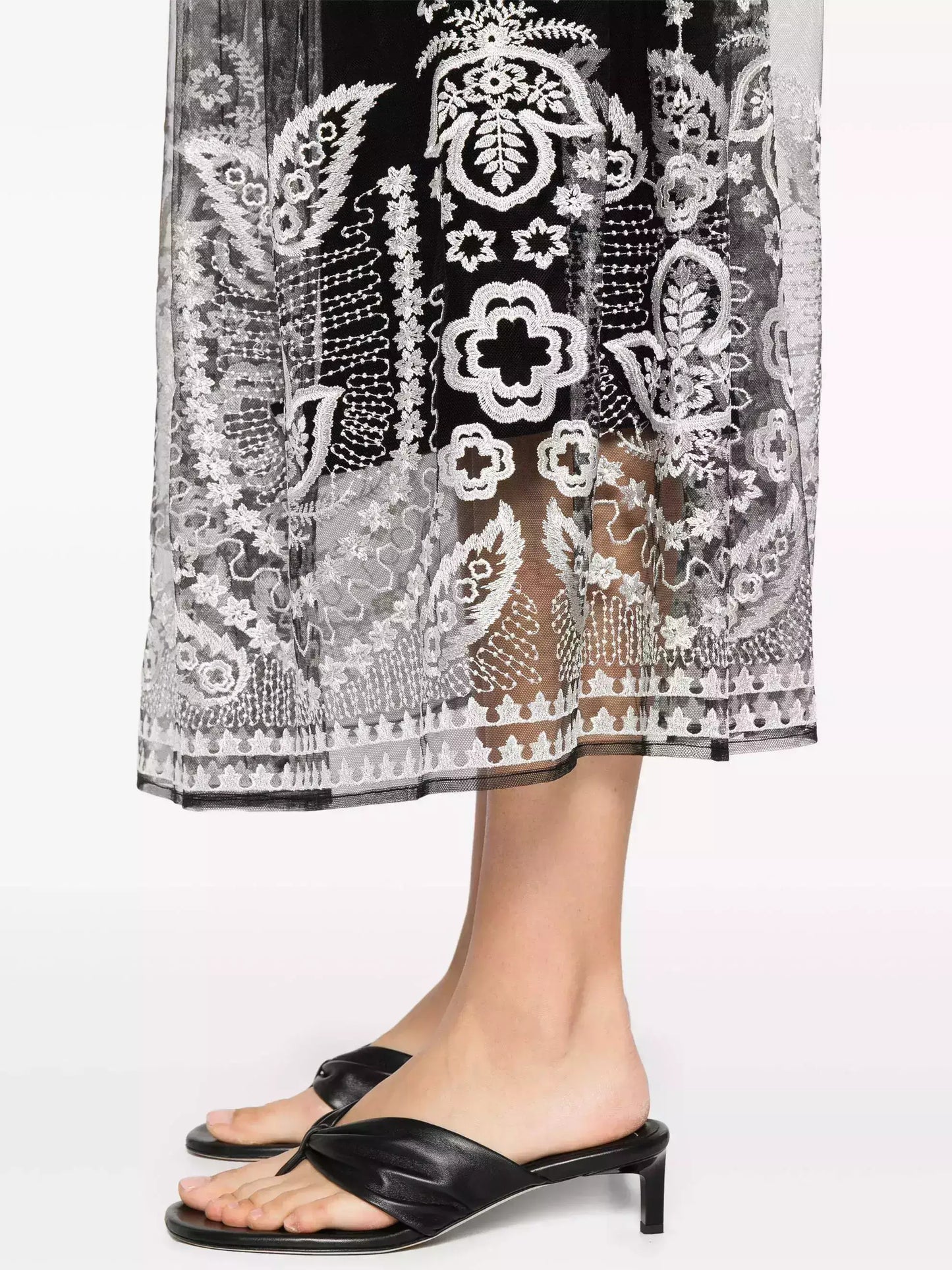 Black with White Embroidery Semi Sheer Overlay Skirt - Skirts