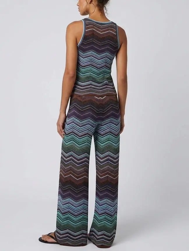Blue Chevron Stripe Knit Tank and Pant Set - Suits & Sets