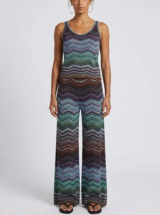 Blue Chevron Stripe Knit Tank and Pant Set - Suits & Sets