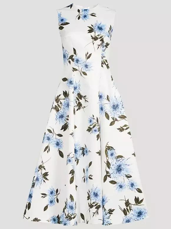 Blue Dahlia Print Taffeta-Faille Dress