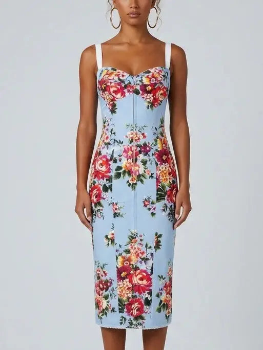 Blue Floral Silk Sheath Midi Dress - Dresses