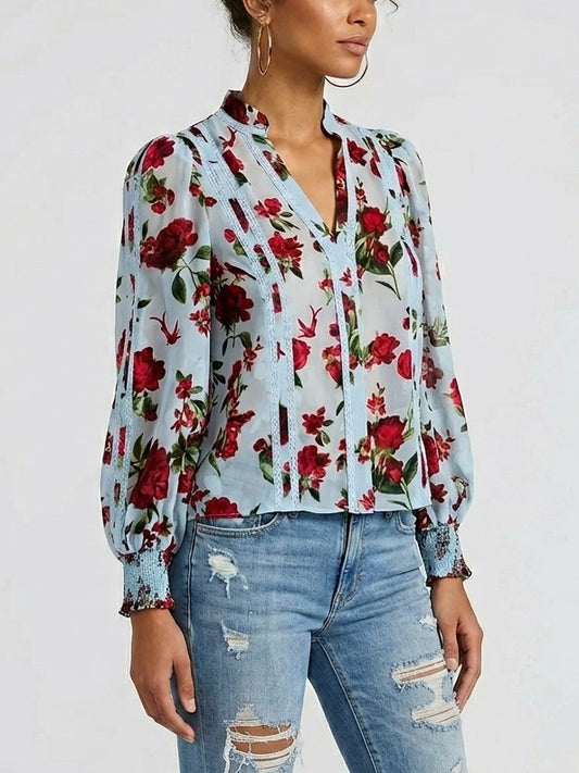 Blue Silk Rose Print Blouse - Tops