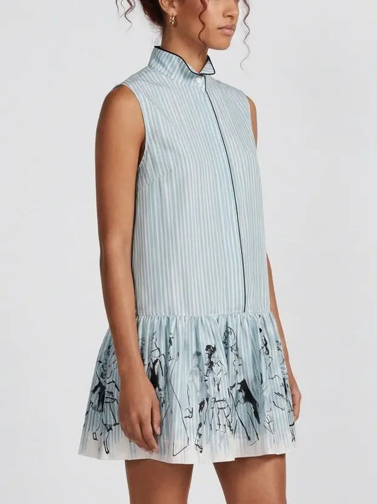Blue Striped Sleeveless Drop Waist Mini Shirt Dress - Dresses