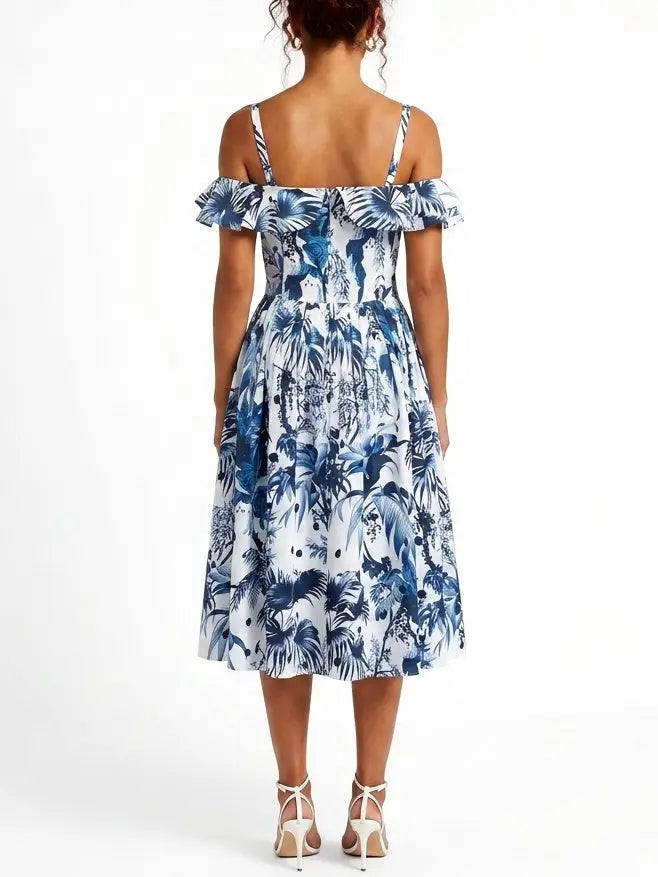 Blue Tropical Print Off Shoulder Cotton Midi Dress - Dresses