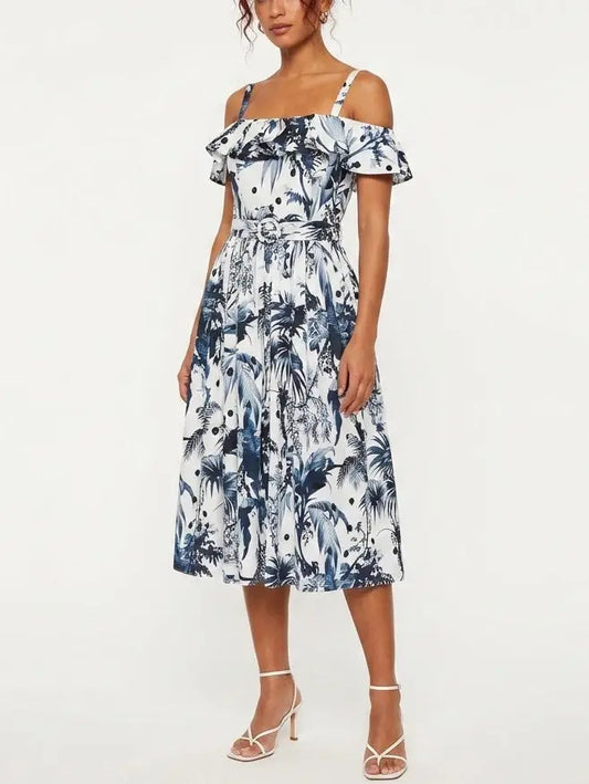Blue Tropical Print Off Shoulder Cotton Midi Dress - Dresses