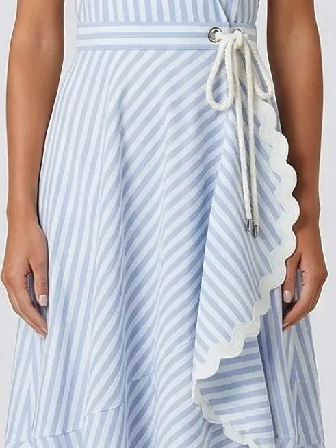 Blue and White Striped Wrap Midi Dress - Dresses