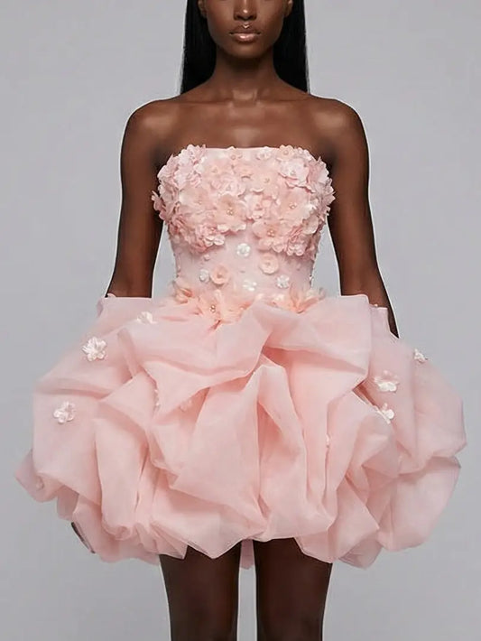 Blush 3D Floral Strapless Tulle Mini Dress - Dresses