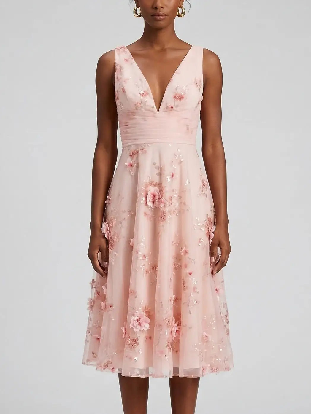 Blush Pink Floral Appliqué Midi Dress with V-Neck - Dresses
