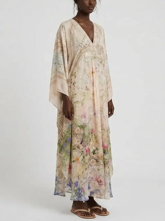 Botanical Butterfly Print Silk V-Neck Kaftan Maxi Dress - Dresses