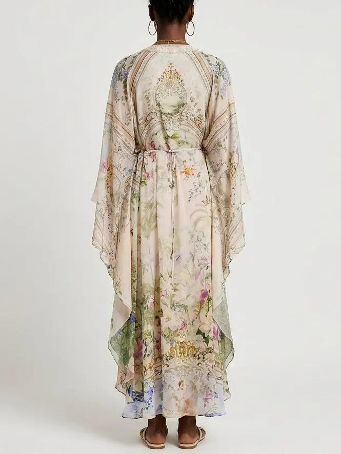 Botanical Butterfly Print Silk V-Neck Kaftan Maxi Dress - Dresses
