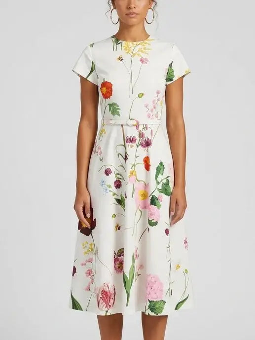Botanical Print Belted Cotton Midi Dress - Dresses