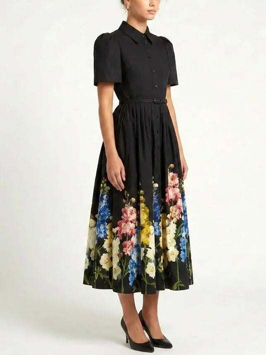 Botanical Wildflower Belted Cotton Shirt Midi Dress - Dresses
