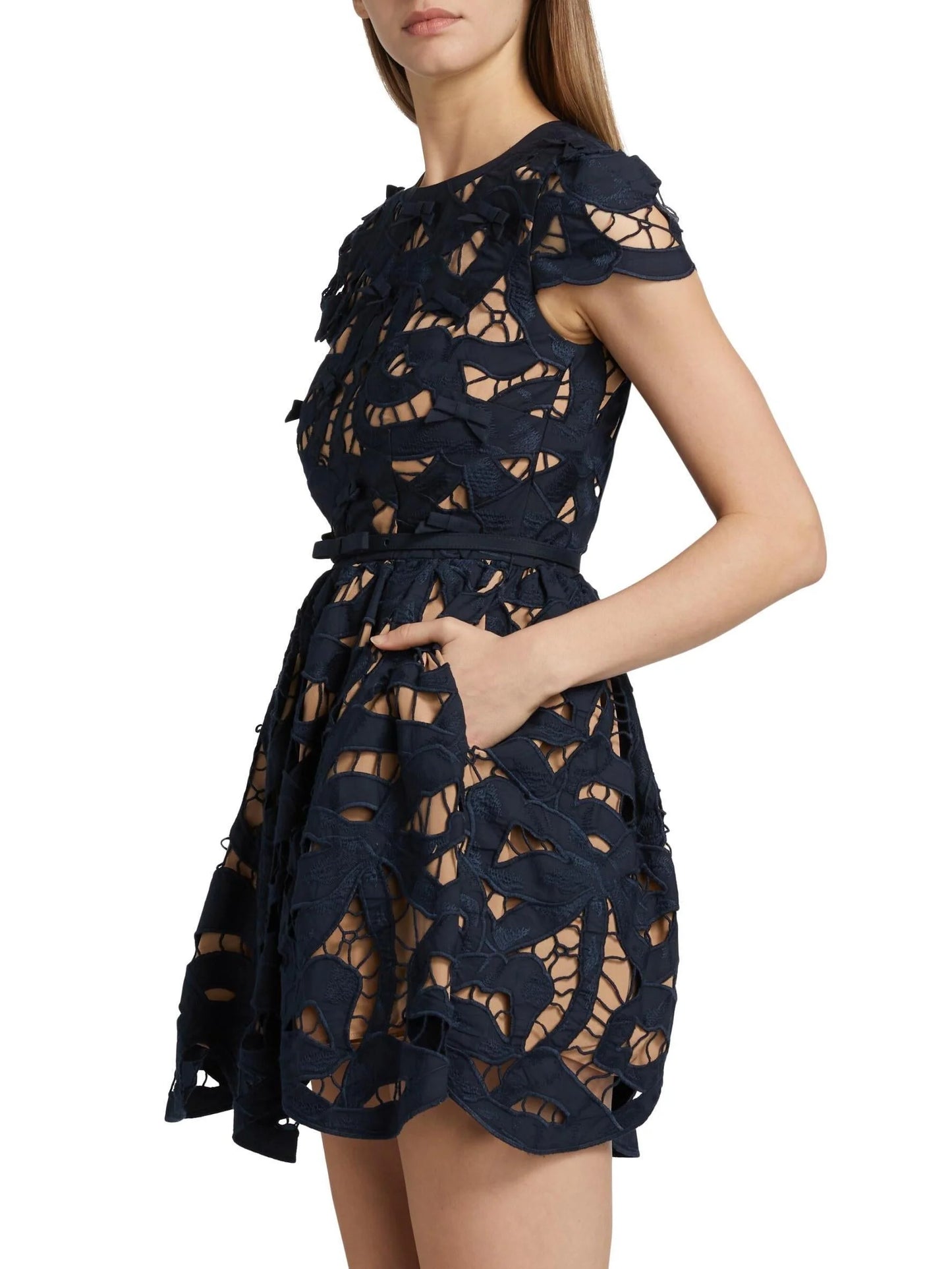 Bow Decorated Navy Blue Embroidered Mini Dress - Dresses