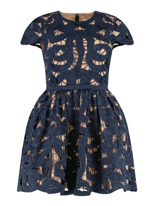 Bow Decorated Navy Blue Embroidered Mini Dress - Dresses