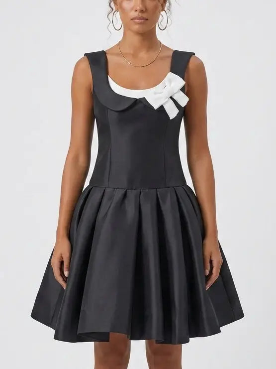 Bow Detail Black Satin Fit and Flare Mini Dress - Dresses