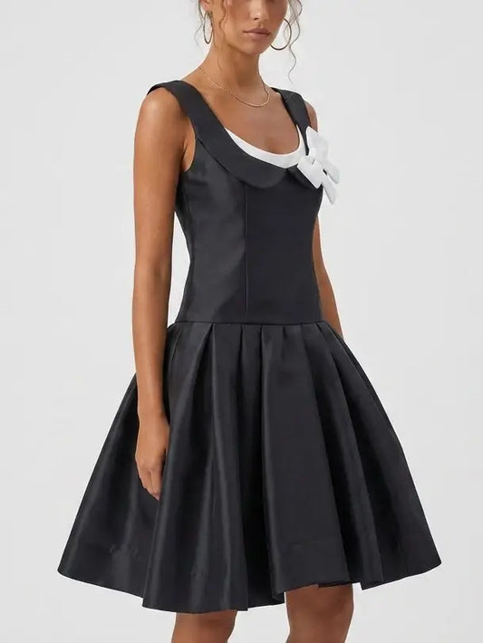 Bow Detail Black Satin Fit and Flare Mini Dress - Dresses