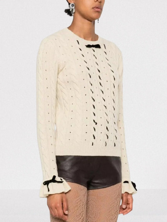 Bow Detail Contrast-Woven Sweater in Off-White - Sweaters & Knitwear