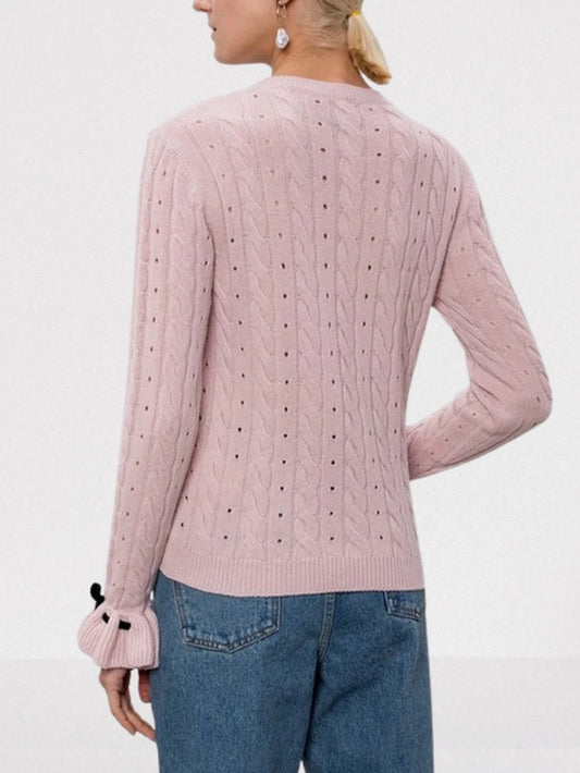 Bow Detail Contrast-Woven Sweater in Pink - Sweaters & Knitwear