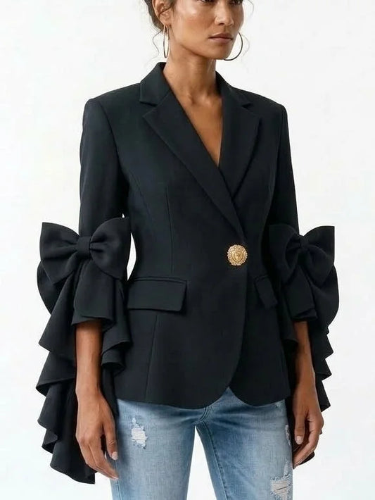 Bow Detail Ruffle Sleeve Blazer - Jackets