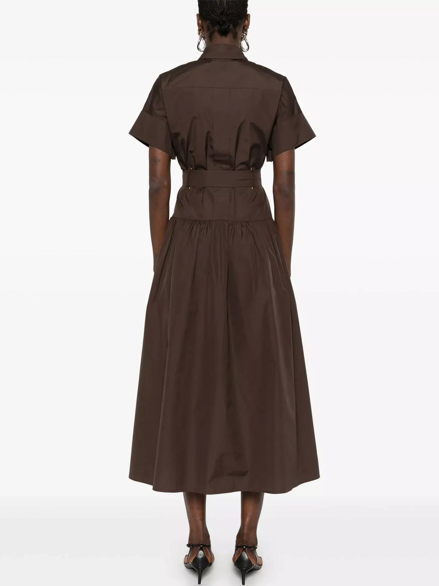 Box-Pleat Concealed Button Brown Midi Shirt Dress - Dresses