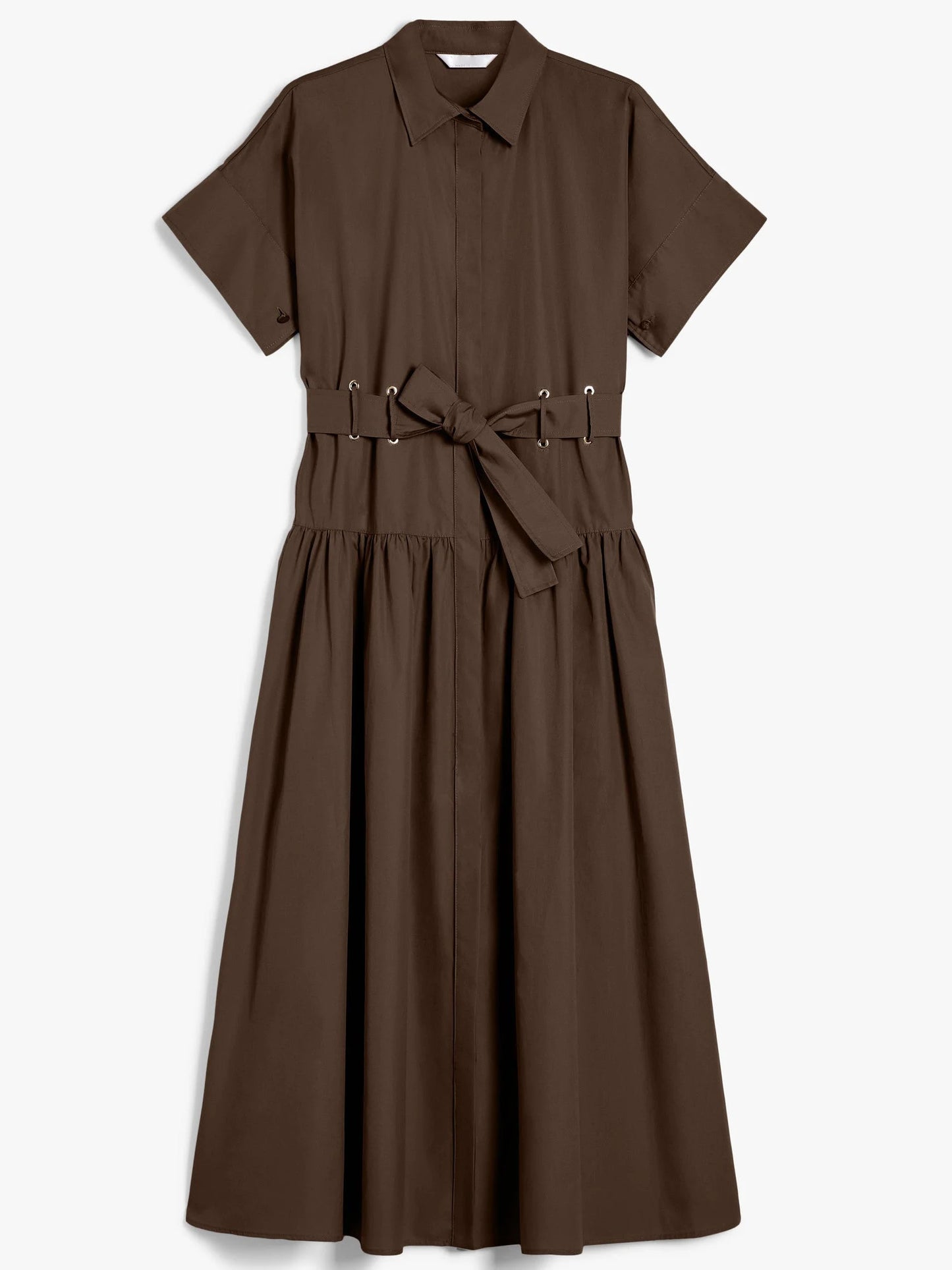 Box-Pleat Concealed Button Brown Midi Shirt Dress - Dresses