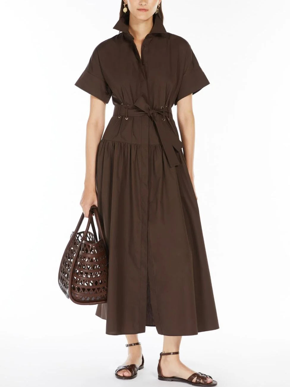 Box-Pleat Concealed Button Brown Midi Shirt Dress - Dresses