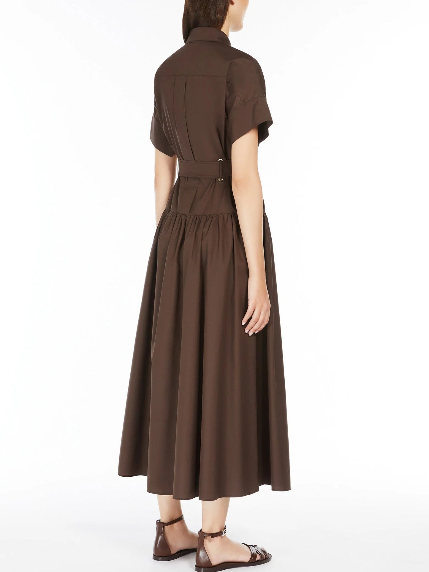 Box-Pleat Concealed Button Brown Midi Shirt Dress - Dresses