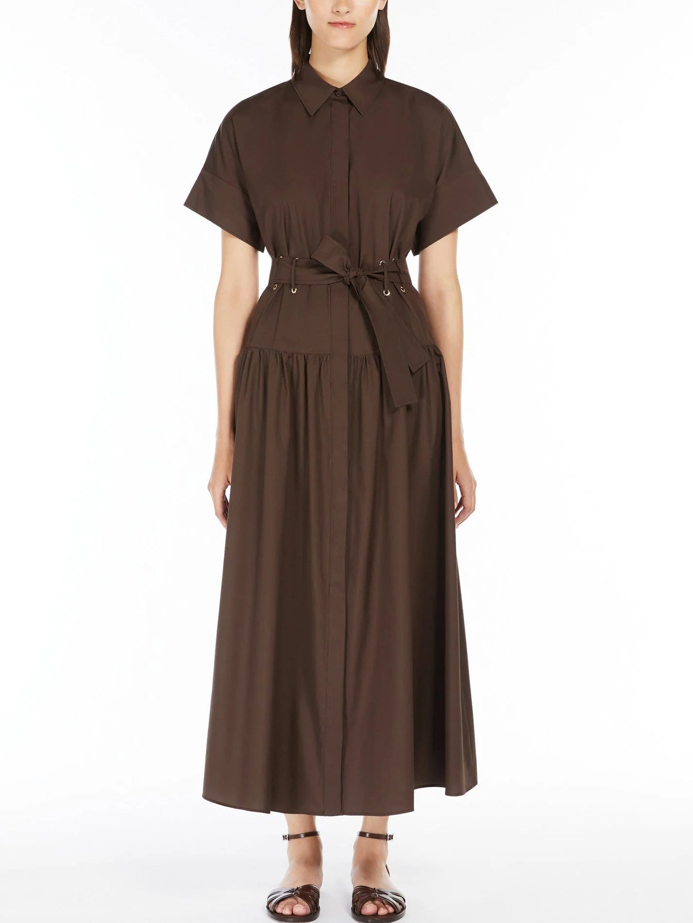 Box-Pleat Concealed Button Brown Midi Shirt Dress - Dresses