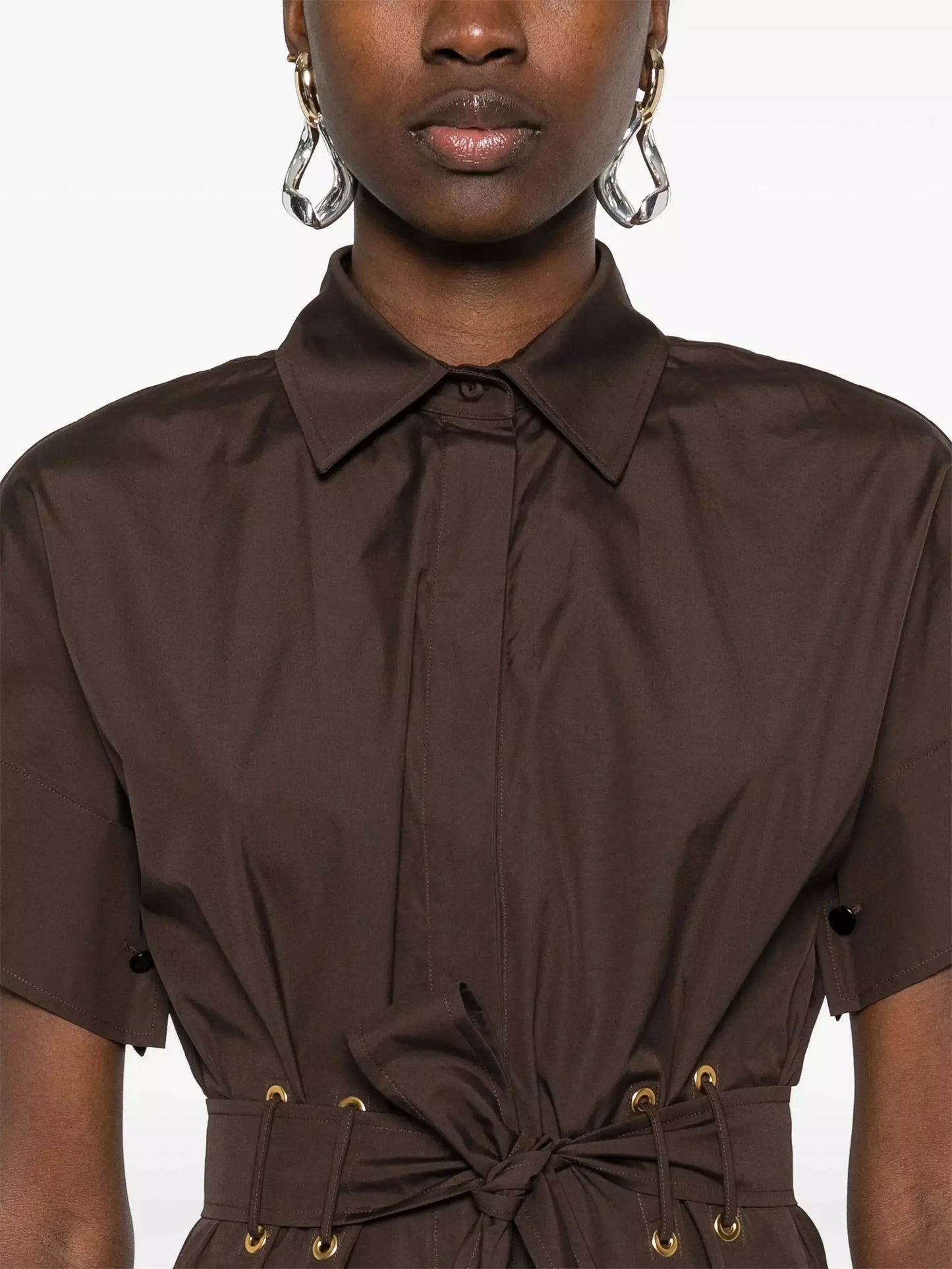 Box-Pleat Concealed Button Brown Midi Shirt Dress - Dresses