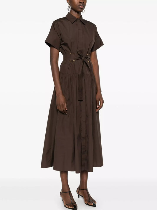 Box-Pleat Concealed Button Brown Midi Shirt Dress - Dresses
