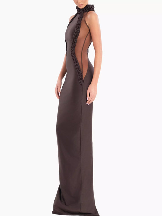 Braided-Trim Halterneck Sheer-Panel Gown - Dresses