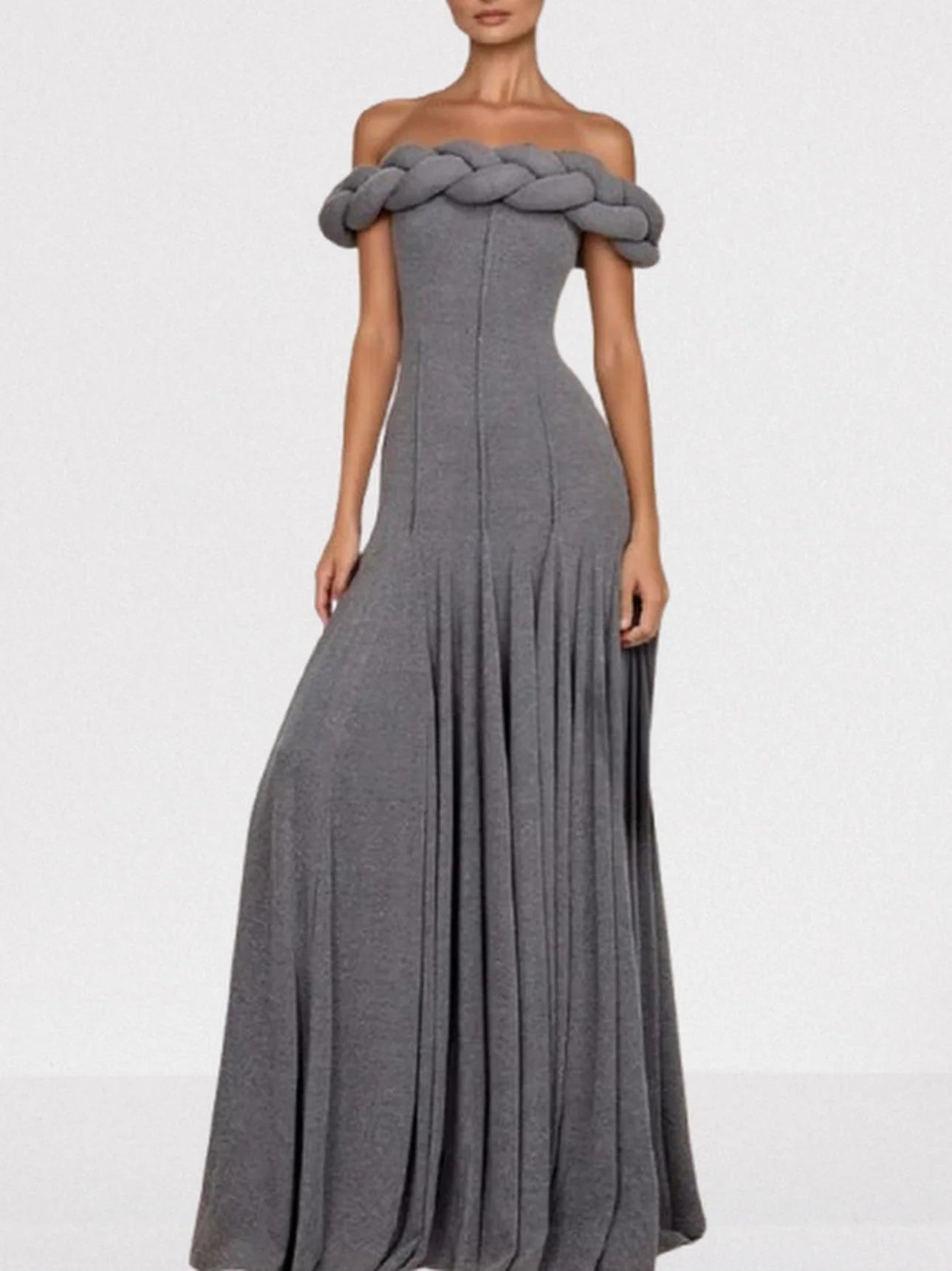 Braided Off-Shoulder Exposed-Seam Maxi Dress - S / Grey - Dresses