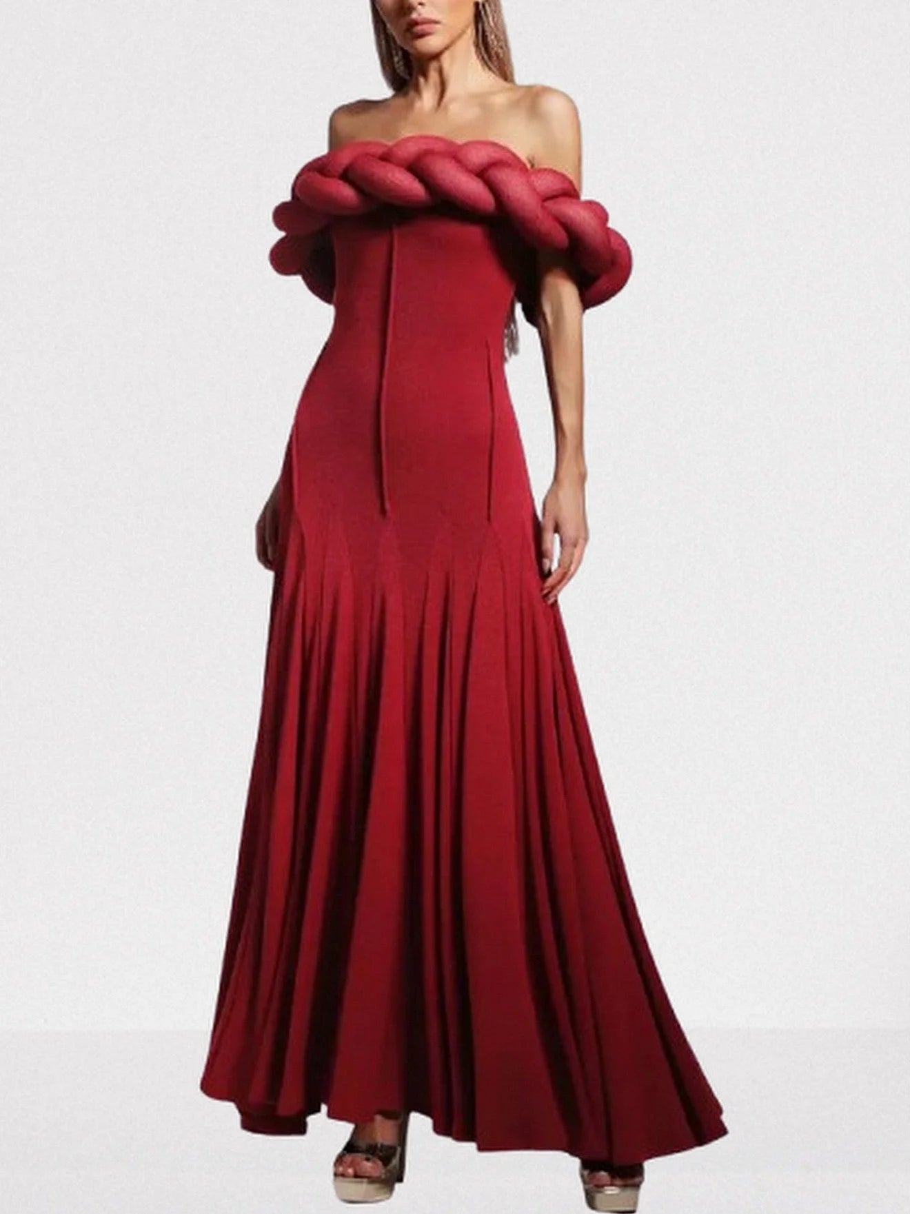 Braided Off-Shoulder Exposed-Seam Maxi Dress - S / Red - Dresses