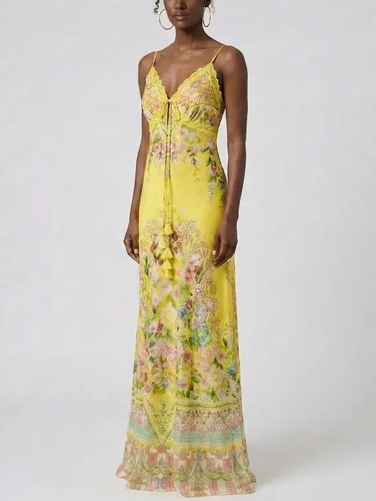 Bright Yellow Floral Silk Slip Dress with Lace Trim - Dresses