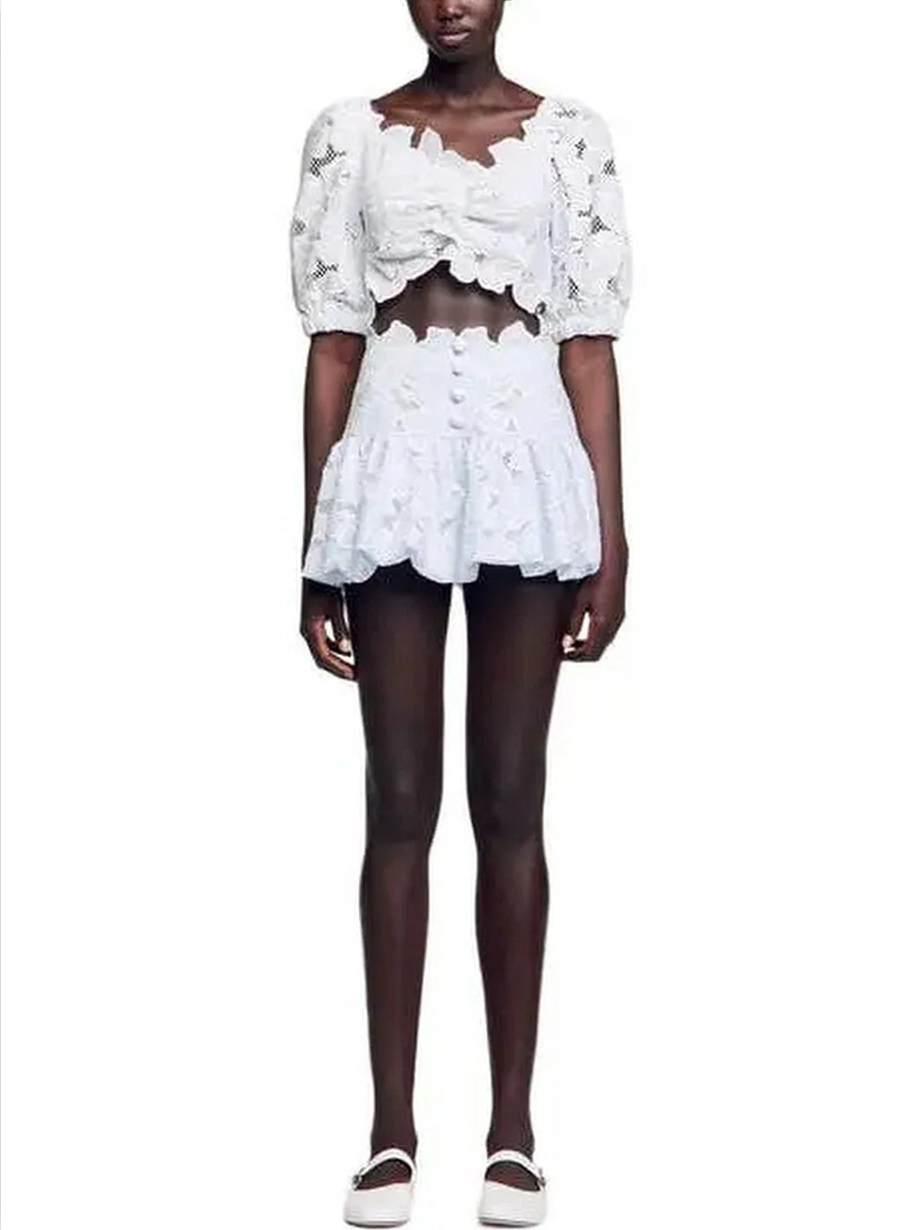 Broderie Anglaise Crop Top and Mini Skirt Set - Suits & Sets