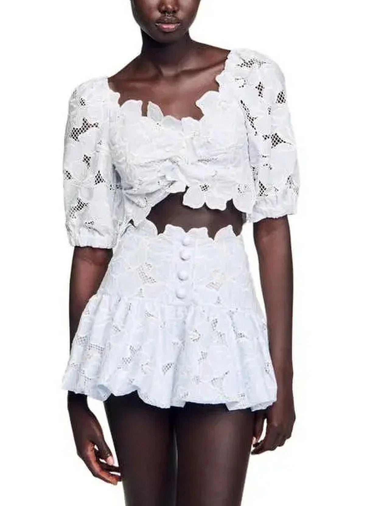 Broderie Anglaise Crop Top and Mini Skirt Set - Suits & Sets