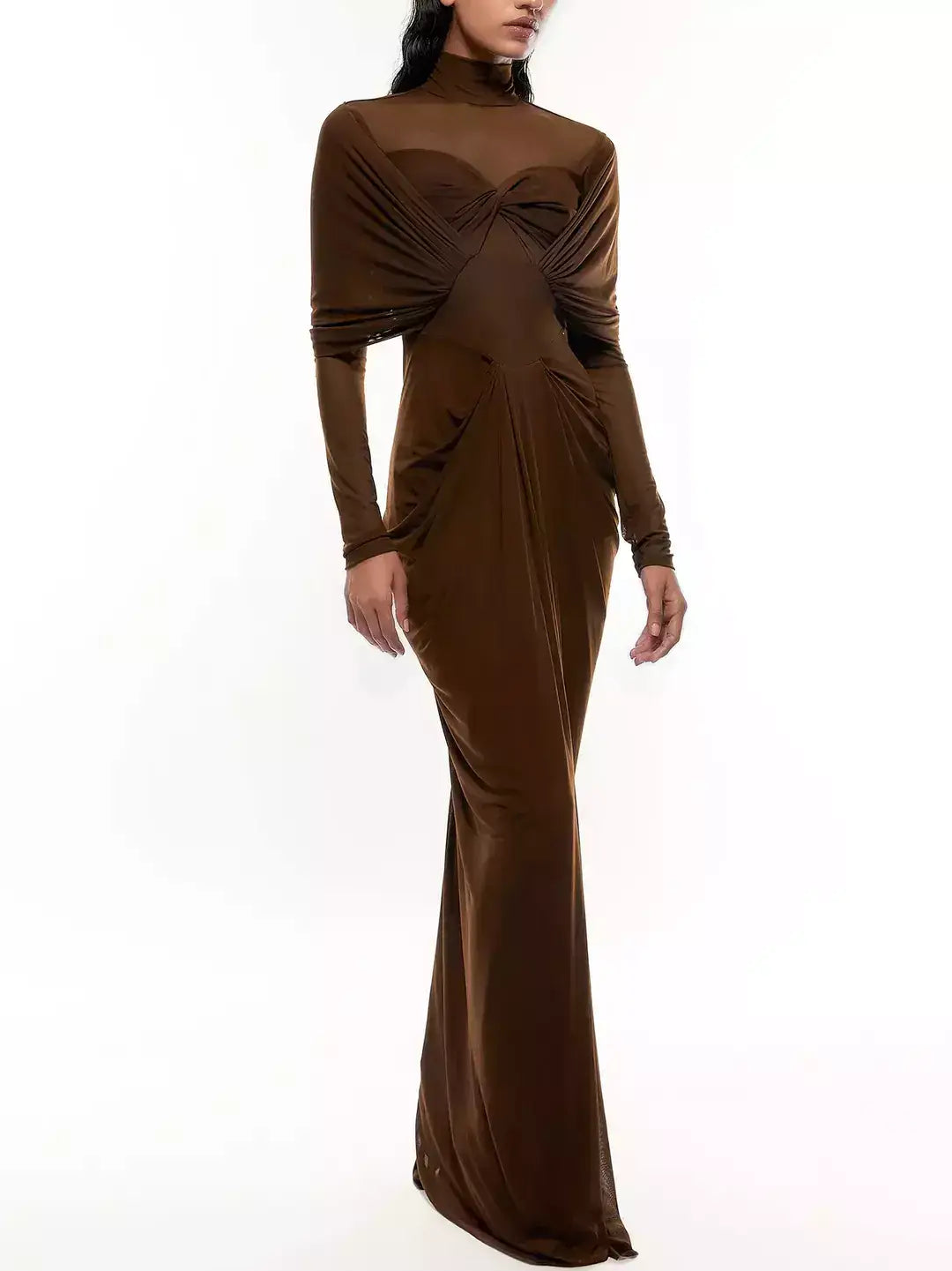 Brown Draped High-Neck Maxi Dress - XS - Dresses