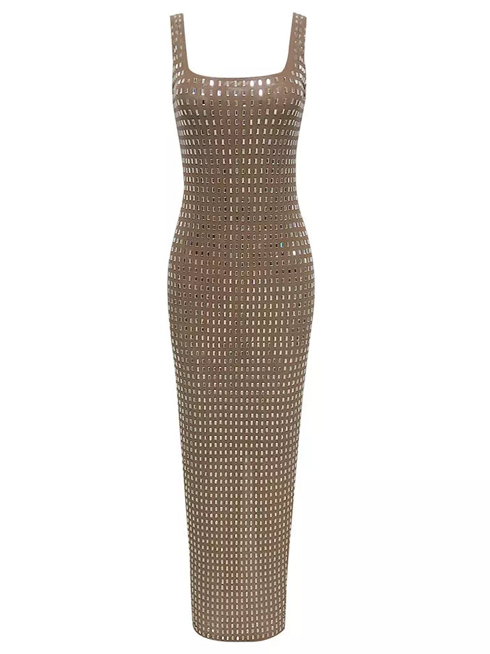 Brown Crystal-Embellished Stretch Gown - Dresses
