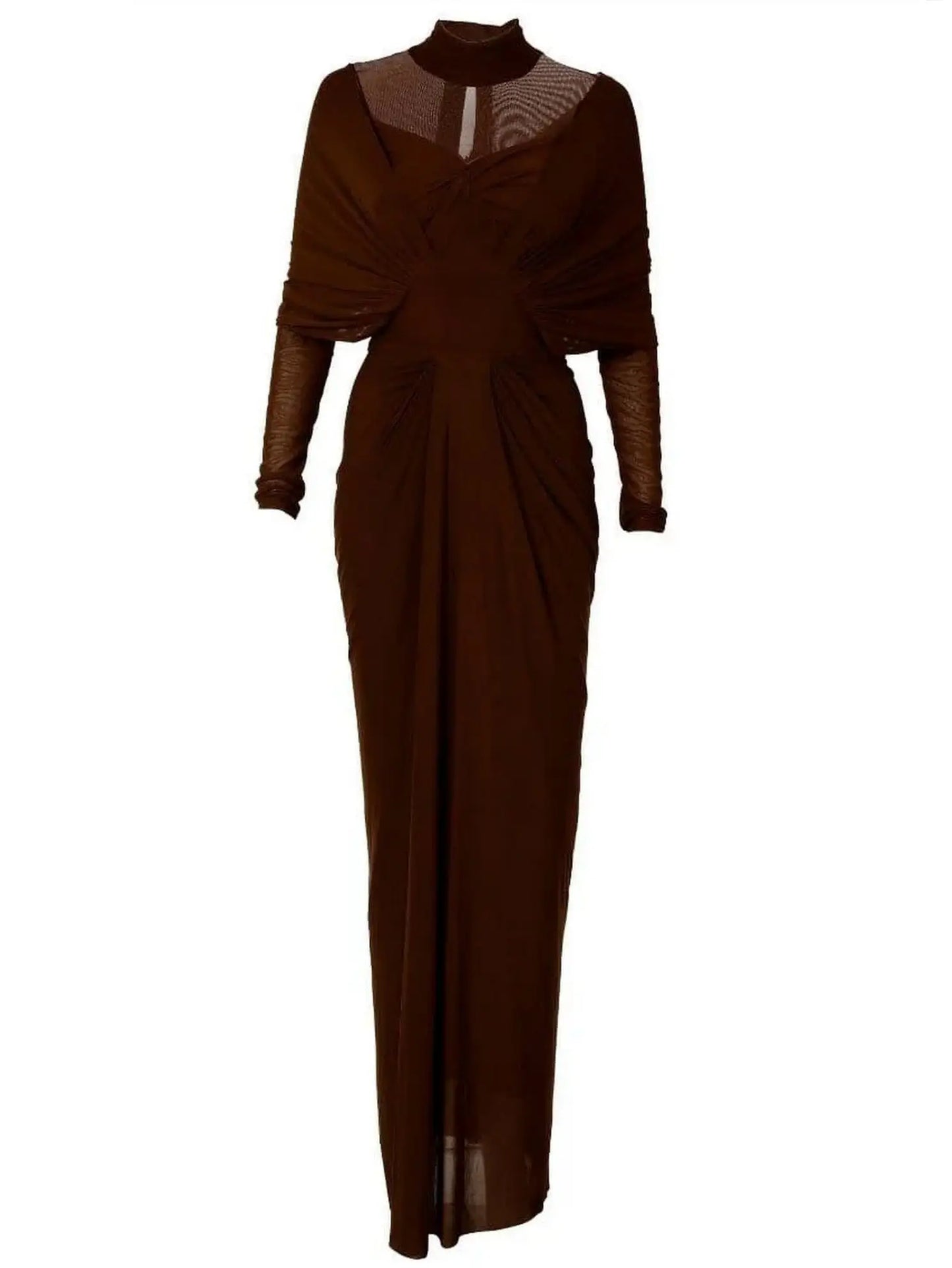Brown Draped High-Neck Maxi Dress - Dresses
