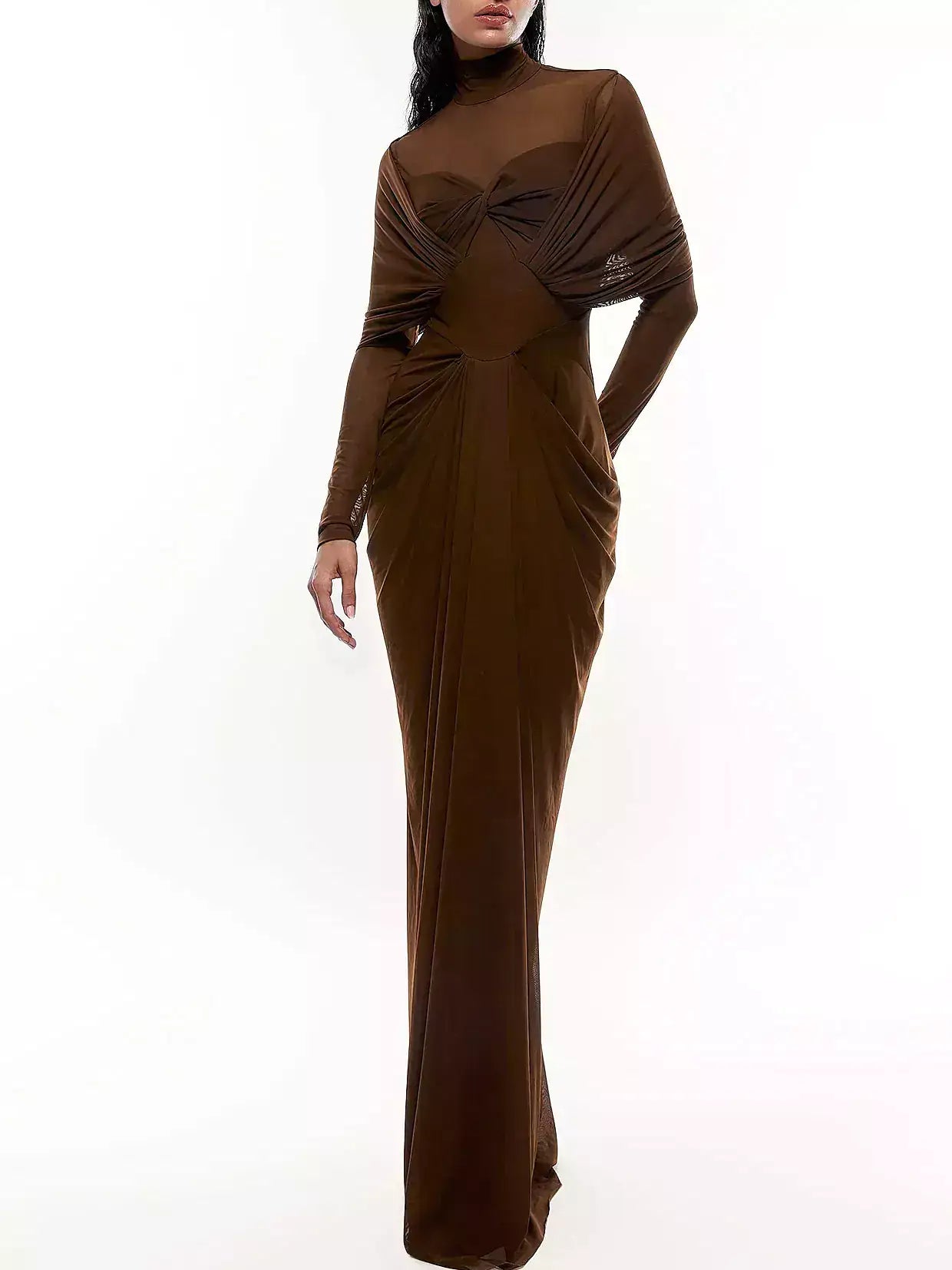 Brown Draped High-Neck Maxi Dress - Dresses