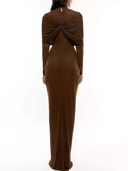 Brown Draped High-Neck Maxi Dress - Dresses