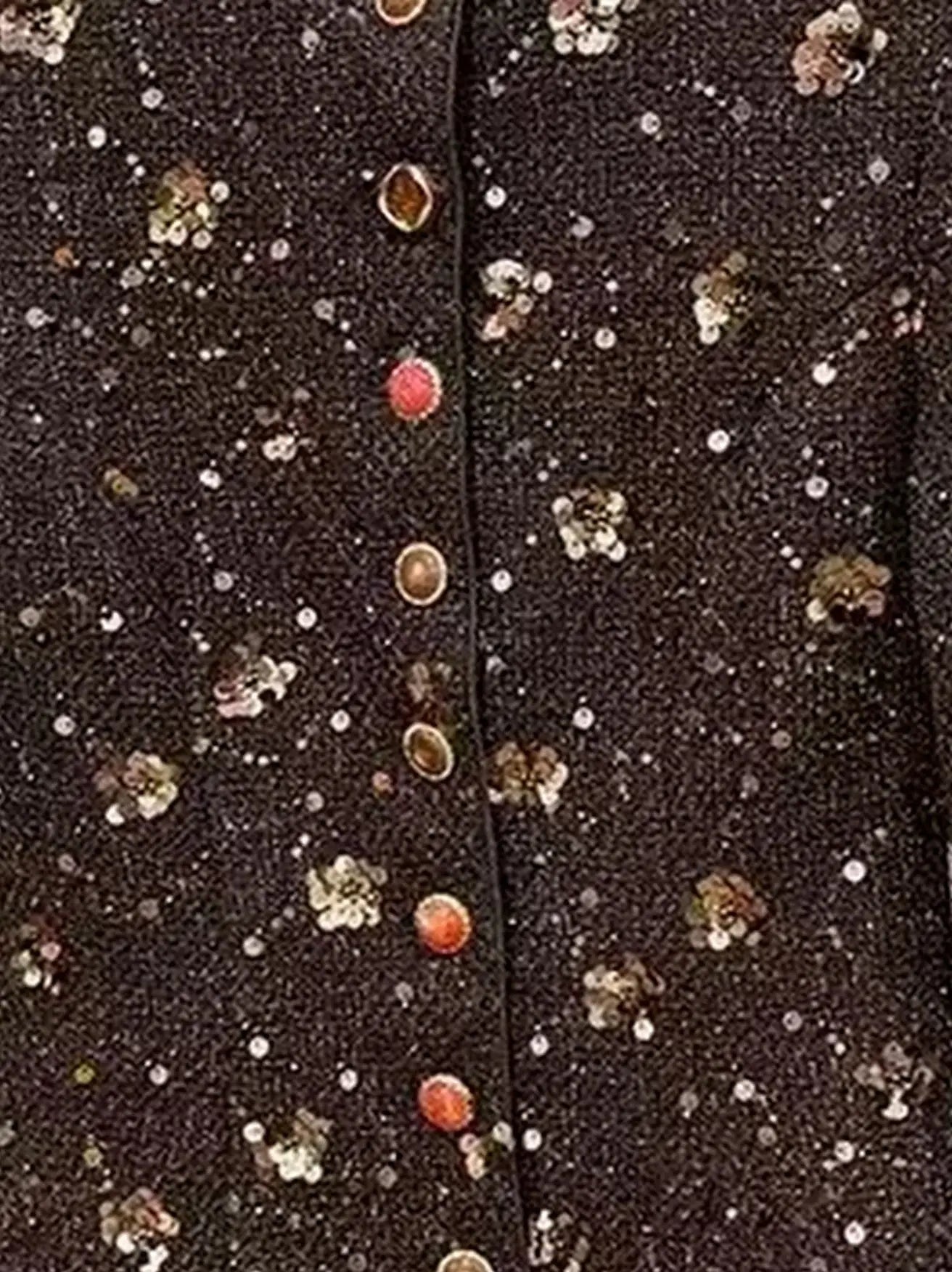 Brown Embellished Tweed Jacket with Sequin Patches - Jackets